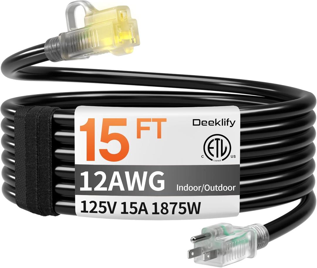 12AWG 15 FT Heavy Duty Outdoor Extension Cord Waterproof with Lighted End, Black 12 Gauge Extension Cord Flexible and Cold Resistant 3 Prong Grounded Plug, 15Amp 1875W SJTW ETL Listed