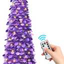 6 FT Pop Up Christmas Tree with 100 LED Timer Lights & Remote, Purple Collapsible Christmas Tinsel Tree Artificial Pencil Tree Xmas Decoration for Holiday Home Office Party, USB Powered