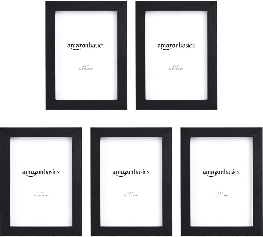 Amazon Basics Rectangular Picture Frame Set for Wall Hanging or Tabletop Display, 5 x 7 in, Black, Horizontal and Vertical Formats, 5-Pack