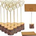 10 Pcs Rustic Wood Place Card Holders and 10 Pcs Kraft Place Cards, Wooden Table Number Holder Stand Photo Picture Note Clip Holders for Wedding Party Name Sign(Gold Heart Wire)