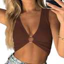 Sexy Crop Tops for Women Sleeveless Deep V Neck Workout Tops Plunge Ring Cleavage Cropped Tank Top (Medium, Brown)