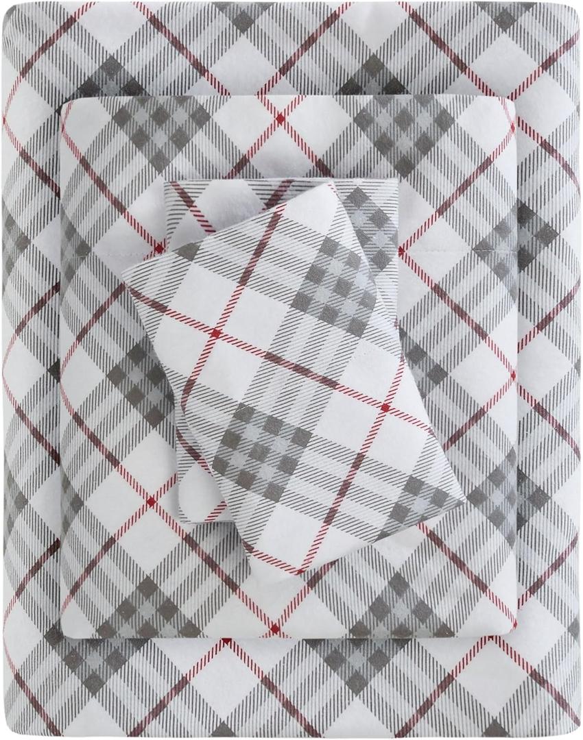 True North by Sleep Philosophy Cozy Flannel Warm 100% Cotton Sheet - Novelty Print Animals Stars Cute Ultra Soft Cold Weather Bedding Set, Twin XL, Red Plaid 3 Piece