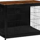 DWANTON Dog Crate Furniture with Cushion, Wooden Kennel Table with Double Doors, Indoor Dog House, Large Size, 38.5" L, Black+Rustic Brown