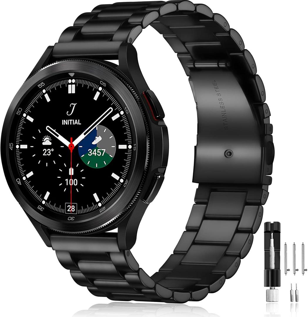 Lerobo Band Compatible with Samsung Galaxy Watch 7/4/5/Watch 6 40mm 44mm, Watch 5 Pro/Watch 6 Classic/Active 2,20mm Stainless Steel Metal Replacement for Men Women, Black