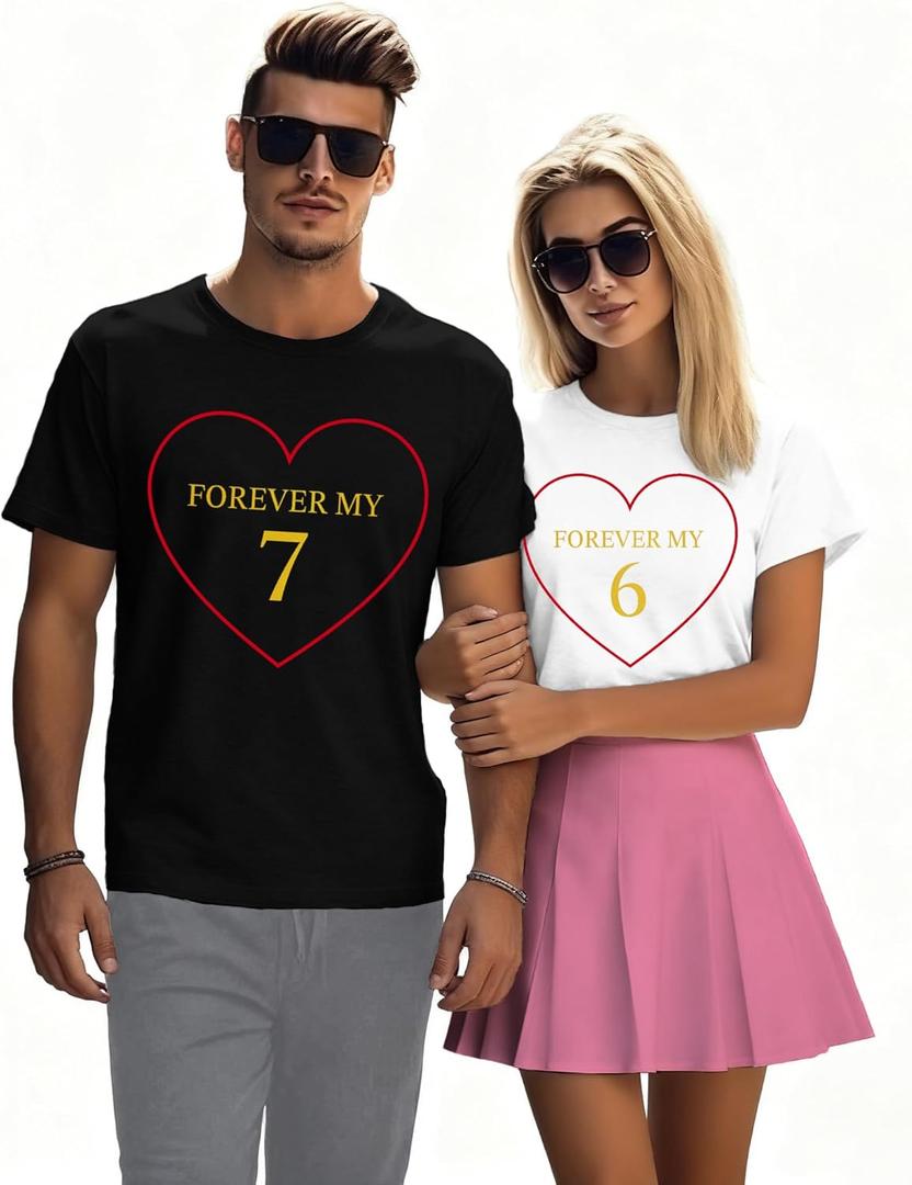 Valentines Shirts for Couples Matching T-Shirt Love Hearts Letter Print Tee Tops (XL, Black2-forever My 7)