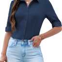 Zeagoo Womens Button Down Shirts 3/4 Sleeve Dress Blouses Business Casual Collared Oxford Tops (Blue, L)