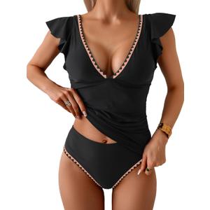 Women's Tankini Swimsuit Tummy Control Ruffle Two Piece Bathing Suit V Neck Ruched Swimwear with Bottom (Black Light Pink), S