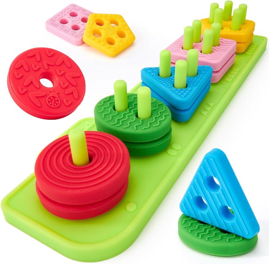 hahaland Silicone Sorting & Stacking Toys Toddlers 1-3 - Montessori Sensory Toys for 1 Year Old, Textured Soft Blocks for Shape & Color Sorting Learning Baby Toys 1 Year Old Boy Gifts Girl Sorter Toy