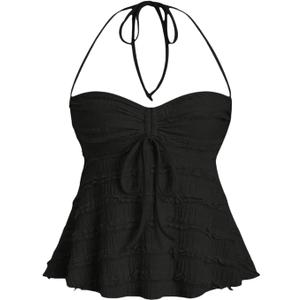 SOLY HUX Women's Peplum Halter Crop Tops Y2K Drawstring Tie Ruched Dressy Casual Spaghetti Strap Cami Top (Pure Black), S