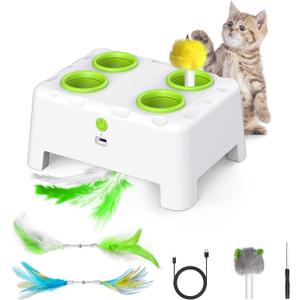 Bolpetizo Cat Toys, Interactive Cat Toys, 2in1 Automatic Cat Toy, 4 Holes Mice Whack A Mole Cat Mouse Toy with Moving Feather, Portable USB Rechargeable Electronic Kitten Toys (White)