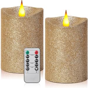 Retisee 2 Pcs Valentine's Day Glitter Flameless Candles, 3.5'' x 5'' Realistic Artificial Metallic Flame LED Candles Battery Operated Candle with Remote for Wedding, Birthday(Ivory)