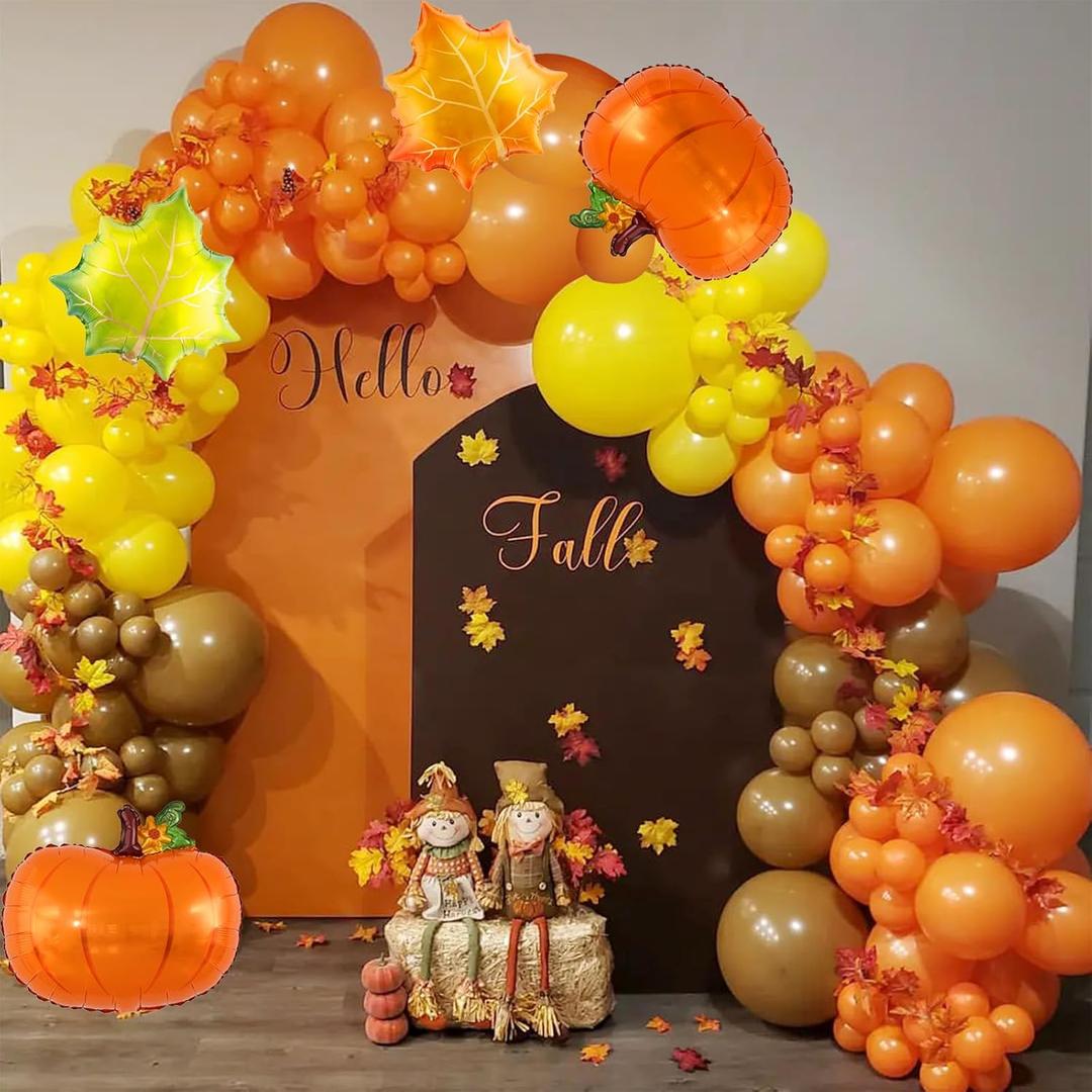 Fall Thanksgiving Balloons Garland Arch Kit -140pcs Orange Yellow Coffee Brown Balloons for Baby Shower Fall Thanksgiving Autumn Harvest Birthday Party Decorations
