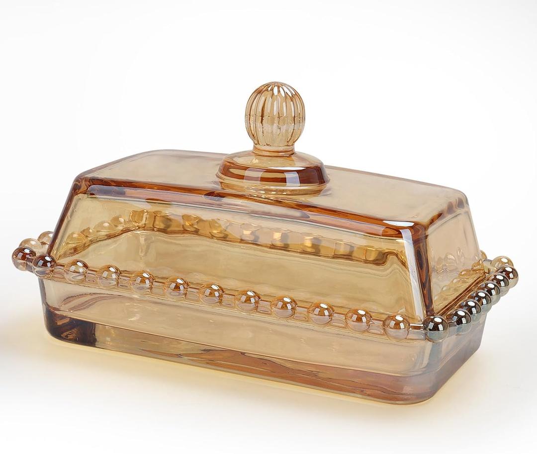 Amber Glass Butter Dish with Lid - Vintage Covered Butter Container Keeper Tray Plate for Countertop & Refrigerator | Holds 2 Standard 4oz Butter Sticks | Butter Jar Storage Box