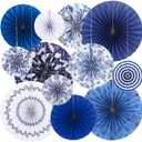 Feifeiya 12 Pcs Chinoiserie Hanging Paper Fans 8'' 12'' 16'' Blue and White Floral Paper Fans Set Round Porcelain Print Hanging Decorations for Birthday Wedding Events Party