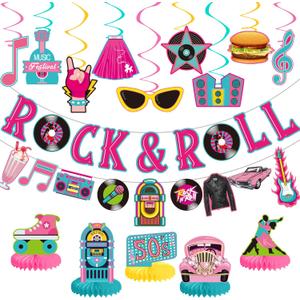 LARRAZABAL 50's Party Decorations Include Rock and Roll Banner, 50s Theme Hanging Swirls and Honeycomb Centerpieces for 1950s Party Decorations, Back to 50's Rocking Party Supplies (Colorful)