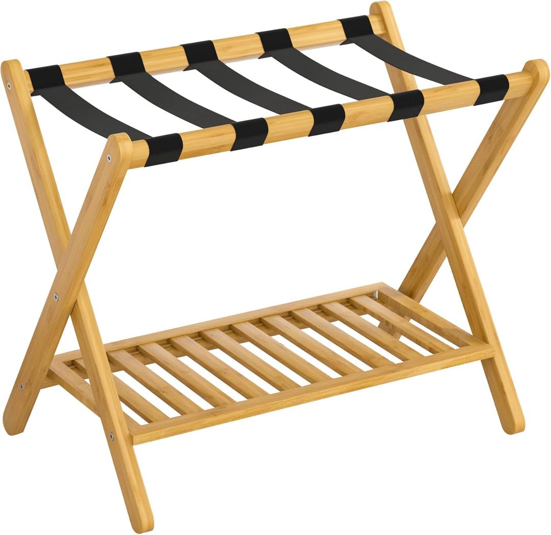Forevich Luggage Rack Bamboo Luggage Stand With Shelf Folding Suitcase Stand Luggage Holder For Living Room Guest Room Hotel Essentials Storage Heavy-Duty For Suitcases Shoes Natural