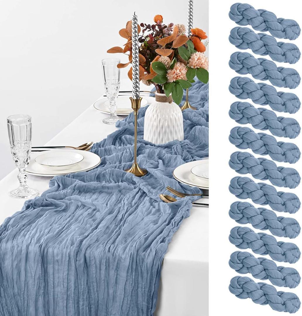 12 Pack Dusty Blue Table Runner, 10FT Cheesecloth Table Runner Long Romantic Semi Sheer Rustic Boho Gauze Table Runners for Wedding Bridal Shower Birthday Party Decorations(21.5120 Inch)