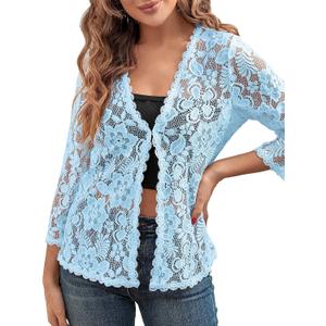 BENANCY Women's 3/ 4 Sleeve Bolero Shrugs Crochet Lace Open Cardigan Light Blue L