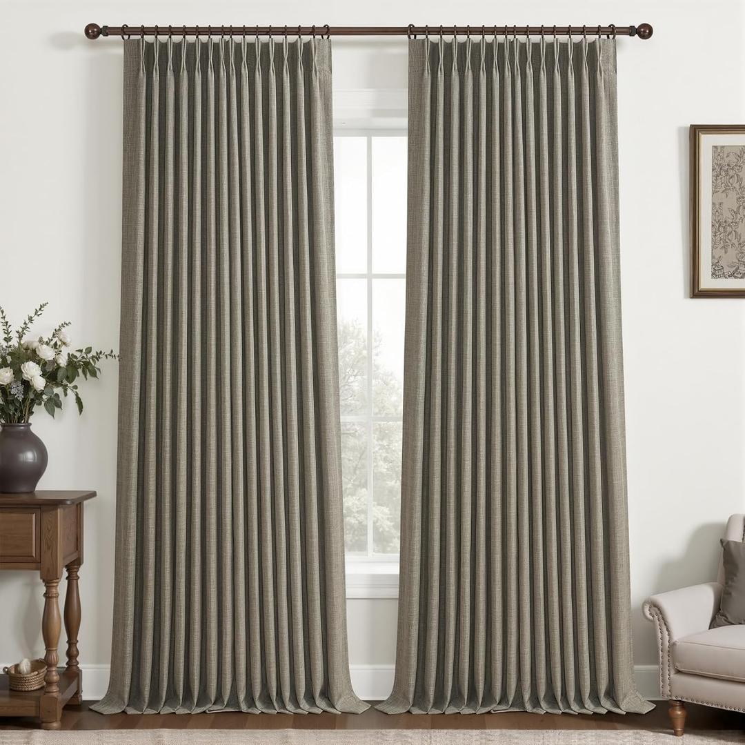 Pinch Pleated Blackout Curtains 96 Inches Long for Bedroom, Sepia Ebony Memory Trained Two Layer Thick Linen Thermal Noise Cancelling Farmhouse Privacy Windows Curtain 40x96 Inch Length 2 Panels Set