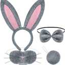 Norme Halloween Bunny Costume Accessories Set Bunny Nose Tail Tie and Ears for Halloween Party Cosplay (Gray, Pink)