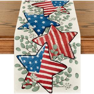 Artoid Mode American Flag Stars Eucalyptus 4th of July Table Runner, Memorial Day Kitchen Dining Table Decoration for Home Party Decor 13x48 Inch