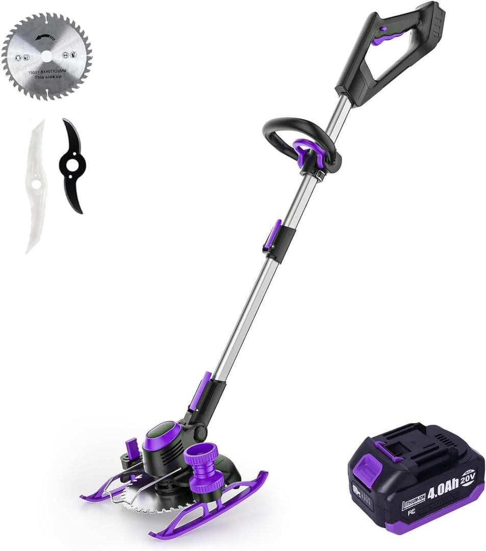 Weed Wacker Cordless, 5.2 lbs Lightweight, 3-in-1 Edger/Mower/Trimmer with Blade, 20V 4.0Ah Battery Powered, 75 Min Runtime Purple 