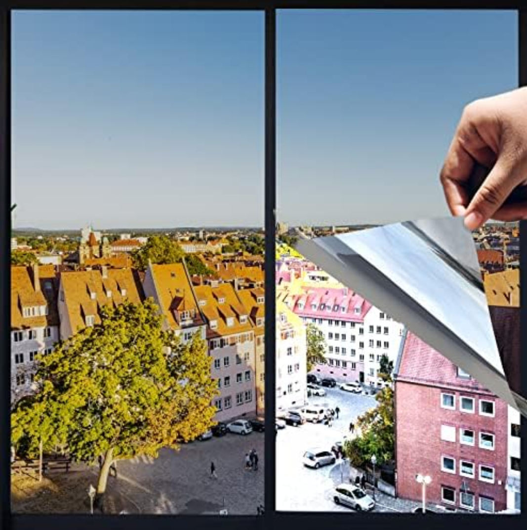 One Way Privacy Window Film,Premium PET Material,Daytime Reflective Heat Control Anti UV Door Sticker,Window Tint for Home Office Living Room,Moon Silver,31.5 Inch x 6.5 Feet Pack of 2