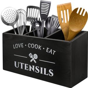 Kitchen Utensil Holder with 3 Compartments, Rustic Wooden Storage Organizer Box Vintage Cutlery Farmhouse Flatware Utensil Caddy Countertop for Silverware Fork Spoon Spatula (Black)
