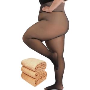 Plus Size Fleece Lined Tights Women, Control Top Thermal Tights for Women, Fake Translucent Winter Warm Tights (5X-6X)