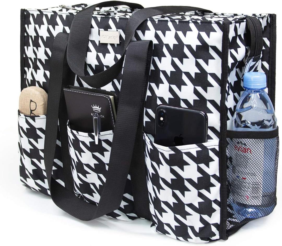 TOPDesign Utility Water Resistant Tote Bag with 13 Pockets, Top Zipper Closure & Thick Bottom Support, for Working Women (Large, Houndstooth)