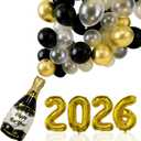 2026 New Year Eve's Party Supplies Balloons Include Golden Larger 32 inch 2026 Balloons, Black Gold and White Balloons, Champagne Bottle for 2026 Happy New Year Eve Party Celebration Decoration