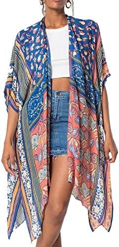 Spicy Sandia Kimonos for Women Floral Beach Cover Up Loose Swimsuit Bathing Suit Coverup Cardigan for Summer Swimwear, Boho-rose Back, 