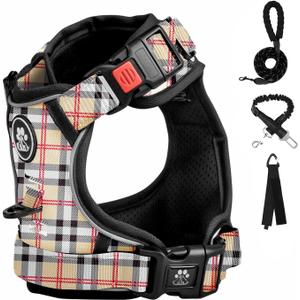 FURRYFECTION Plaid Dog Harness for Medium Dogs | No Pull Reflective Pet Harness | No Choke Adjustable Dog Vest Harnesses | with Leash | Easy Control Handle | Front Lead | Seat Belt | Beige&White | M