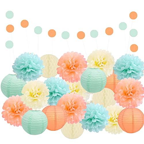 EpiqueOne 22-Piece Tissue Paper Pom Poms Party Set - Mint, Ivory & Peach | Includes 12 Pom Poms, 6 Paper Lanterns, 3 Honeycomb Balls & 1 6.5 ft. Garland | For Birthdays, Bridal or Baby Showers & More