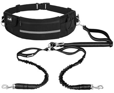 Pecute Dog Leash Hands Free for 2 Dogs, Waist Belt for Walking with Pouch, Durable Bungee, Dog Seat Belt, Dual Leash for Medium 30-180 lbs, Running, Hiking, Training Black