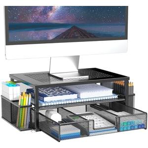 MINDEPOT 2 Tier Computer Monitor Stands with Drawer and 2 Pencil Holder, Metal Monitor Stand, Office Desk Accessories Workspace Desktop Organizers for Office Supplies, Black