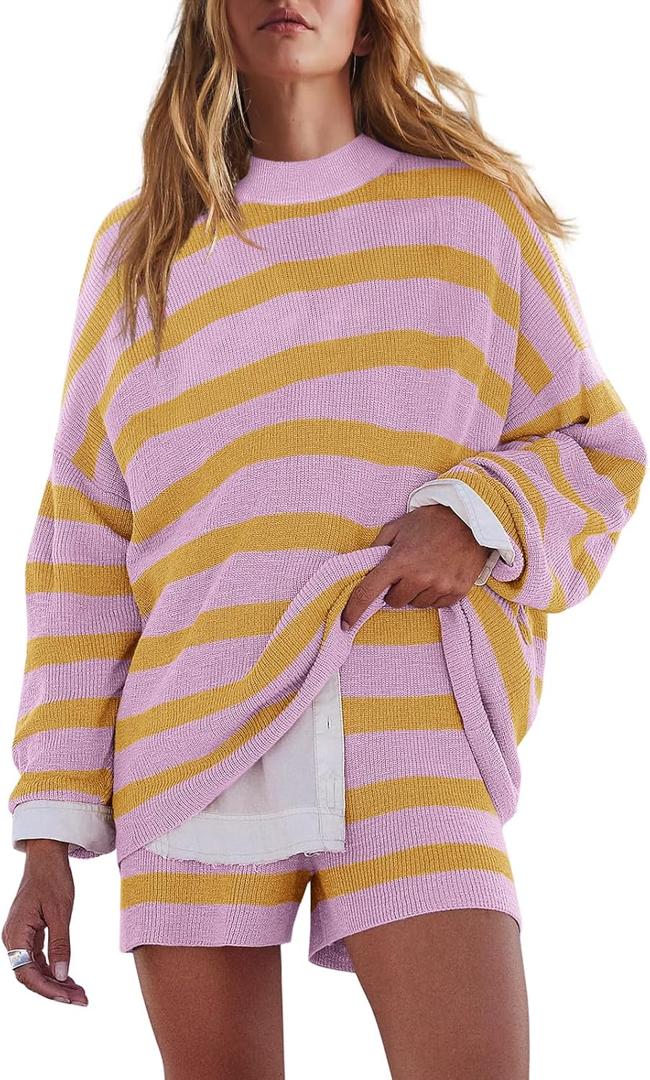 LAMISSCHE Womens Oversized Lounge Sets 2 Piece Outfits Striped Matching Pajama Set Long Sleeve Sweater Set (Medium, Yellow & Purple Pink)