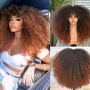 Afro Kinky Curly Wig for Black Women 18 Inch Afro Bomb Curly Wig With Bang Heat Resistant Puffy and Fluffy Bouncy Curly Synthetic Hair for Halloween Party and Daily Use, Ombre Black to Brown