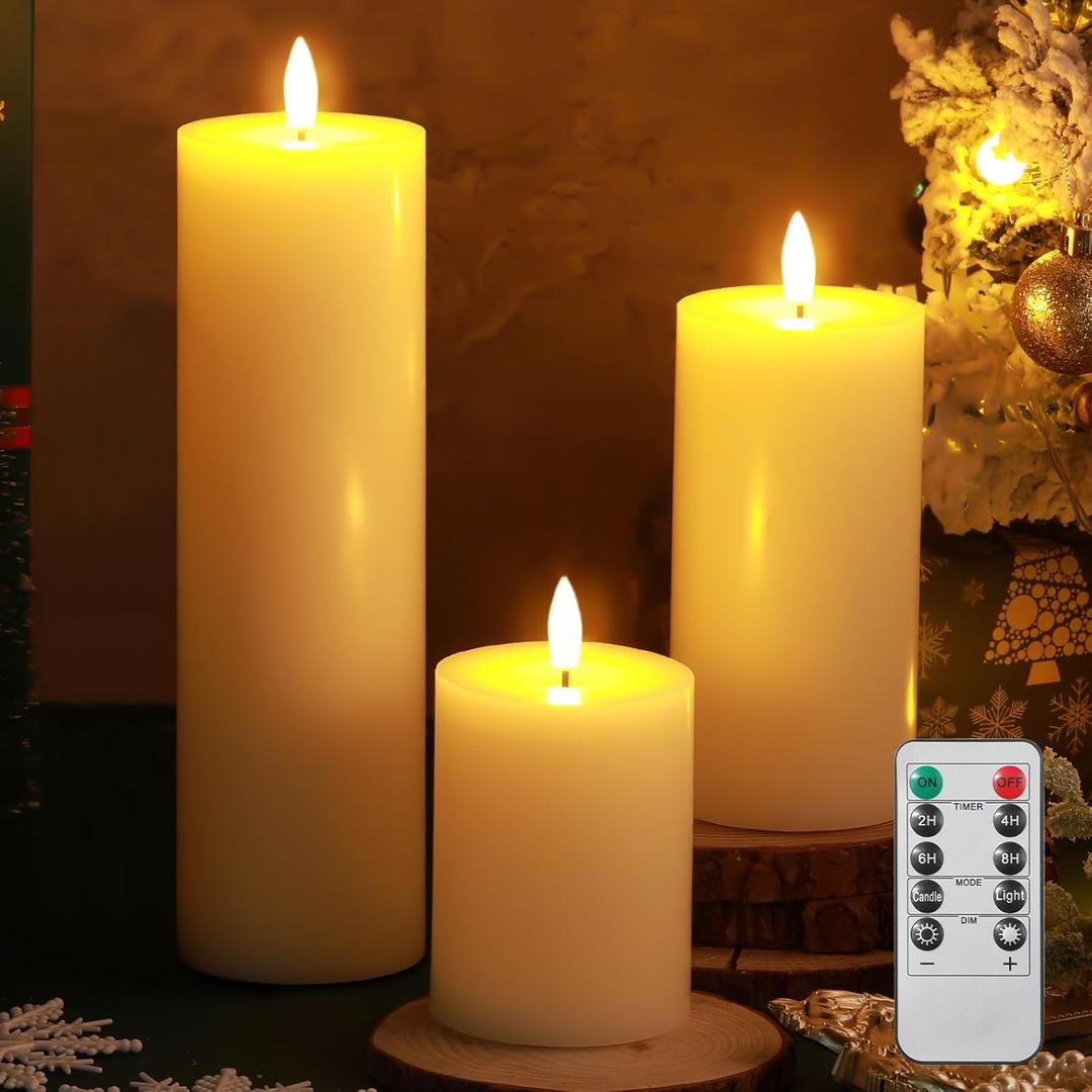 Retisee 3 Pcs Fall Thanksgiving Large Flameless LED Battery Operated Candles with Remote Halloween Real Wax Candles for Indoor Outdoor Party Wedding Lights Decorations(White)