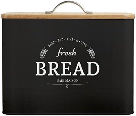 Extra Large Black Farmhouse Bread Box for Kitchen Countertop - Breadbox Holder Fits 2+ Loaves - Bread Storage Container Bin - Rustic Bread Keeper Vintage Metal Kitchen Decor (Black with Wood Lid)