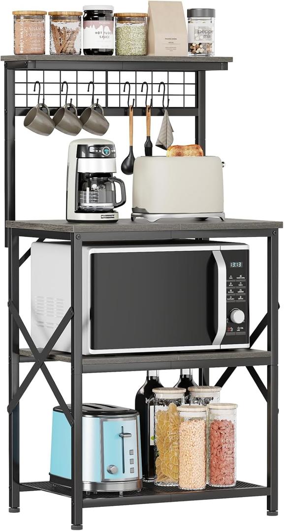 Furologee Kitchen Bakers Rack, Microwave Stand with Storage 4 Tiers, Coffee Bar Station with 6 S Hooks and Pegboard, Kitchen Shelves Rack for Spices, Pots, Black Oak