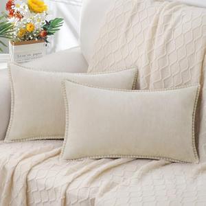 decorUhome Chenille Soft Throw Pillow Covers 12x20 Set of 2, Lumbar Velvet Farmhouse Neutral Decorative Pillow Covers with Stitched Edge for Couch Sofa Bed Home Decor, Beige