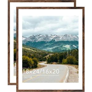 Wood 18x24 Picture Frame with 16x20 Mat, Display 16x20 with Mat or 18x24 Without Mat, Wood 18 by 24 Photo Frame, 18 x 24 Frame for Wall Hanging Display, Deep Brown, 2 Pack