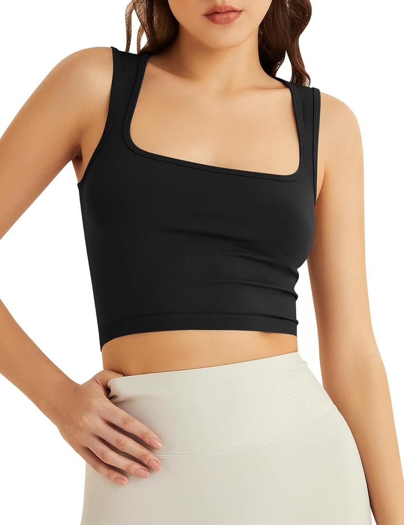 LOMON Square Neck Strappy Tank Top for Women Summer Sleeveless Crop Tops Seamless Going Out Top (Black, L)