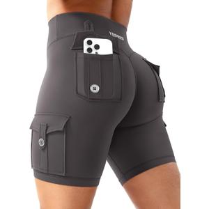 YEOREO CoreFlex Women Workout Biker Shorts with Cargo Pockets Hidden Scrunch High Waisted 8" Inseam Gym Shorts (XX-Large, Dark Grey)