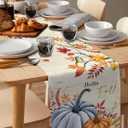 Hello Fall Table Runner Dresser Scarf 13 x 72 Inch Thanksgiving Harvest Pumpkin Maple Leaves Table Runners Non-Slip Heat Insulation Kitchen Dining Table Decor for Autumn Holiday Party Indoor Outdoor (Beige Orange Blue)