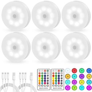 Led Puck Lights with Remote Control 16 Color Changeable USB Rechargeable LED Night Light Battery Operatedfor,Closet,Bedroom Wall,Under Cabinet,Party,Halloween Decoration,with Dimmer and Timer6 Pack