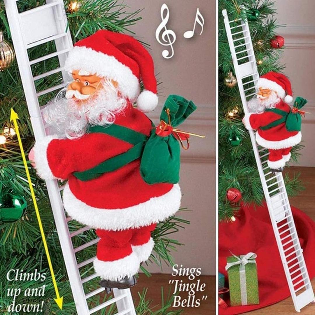 Electric Santa Climbing Up and Down Tree with Music, Bag of Presents - Holiday Decor for Home, Door, Wall - Xmas Ornament