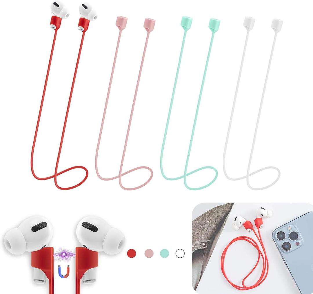 Magnetic Anti-Lost Straps for AirPods,4 Pack Ultra Strong Magnetic AirPods Strap Anti-Lost Neck Rope Cord,Soft Silicone Sports Lanyard Compatible with AirPods 1&2/ Pro /2nd/3rd (White+Red+Green+Pink)