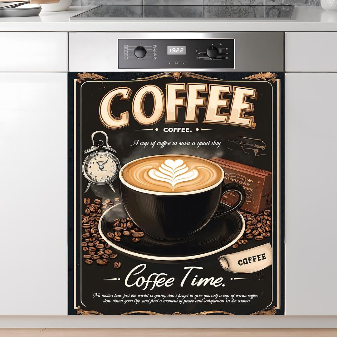 AOHMPT Dishwasher Magnet Sticker Cover Panel Decal Refrigerator Magnetic Sticker Decorative for Kitchen Decoration,Fridge Door Cover, Appliances Stickers (Coffee time, 23.03"x25.59")